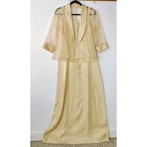 Alex Evenings Champagne Gold Shimmer Maxi Dress and Sheer Jacket Set Size 8